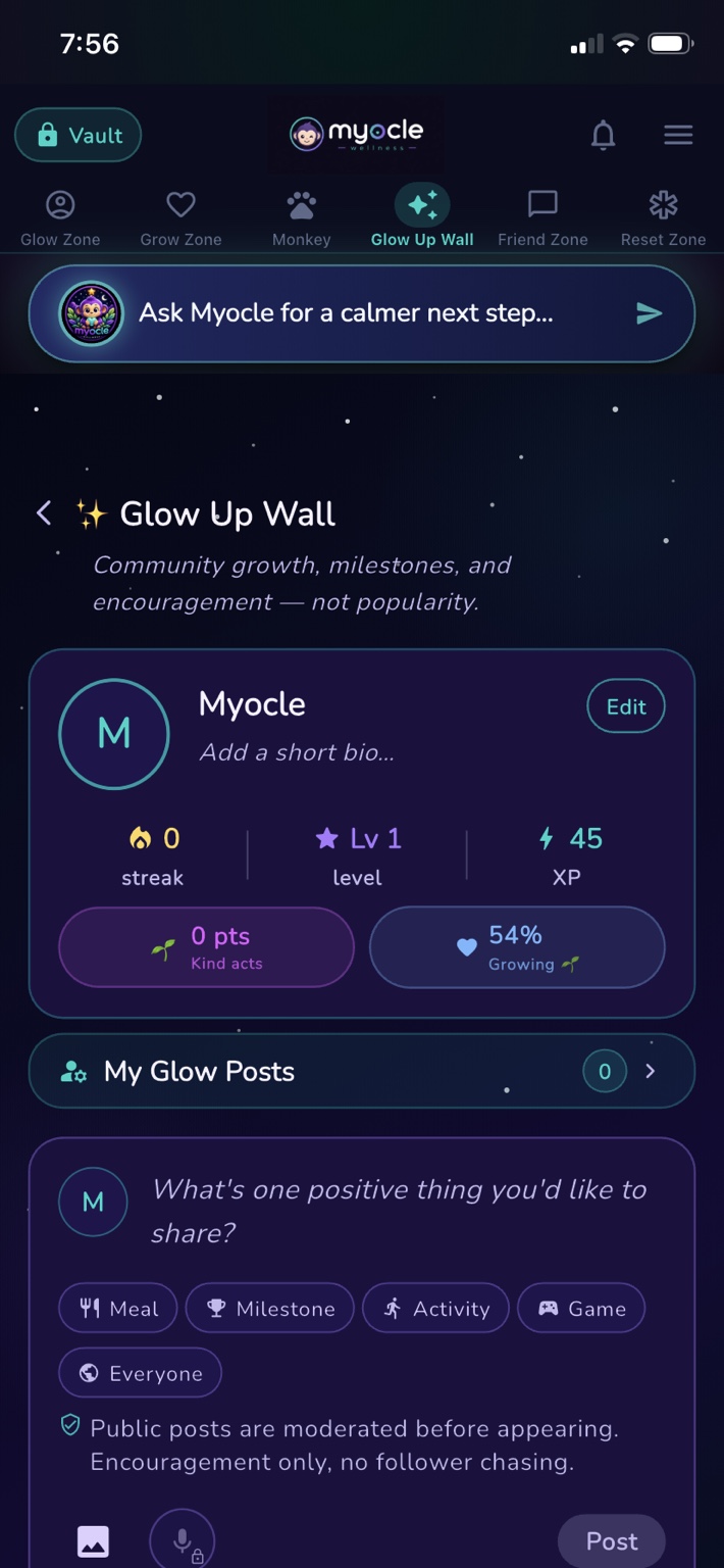 Glow Up Wall and Growth Feed app screen