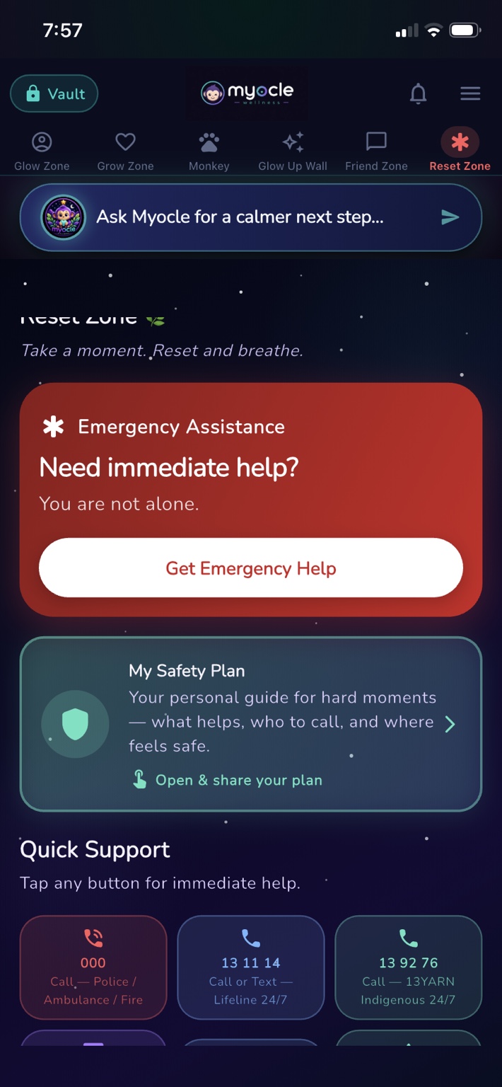 Myocle Reset Zone app screen reference