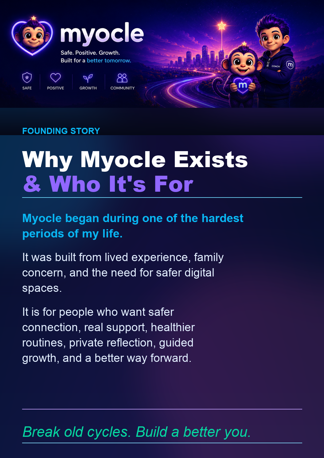 Why Myocle exists founding story visual with Monkey and Coach