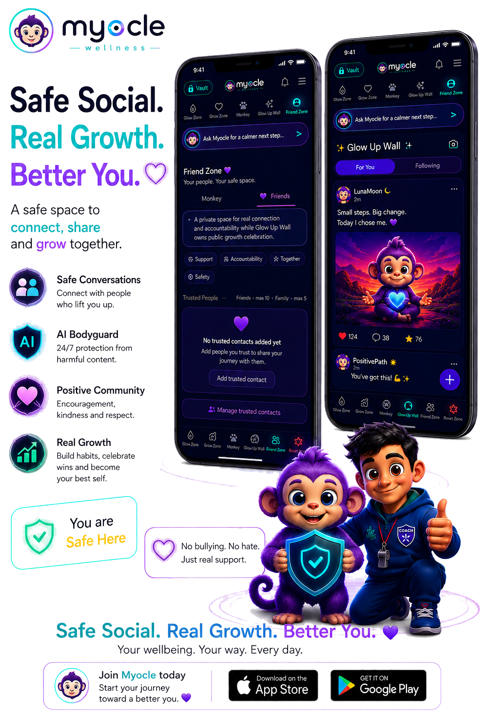 Myocle Safe Social Real Growth Better You artwork